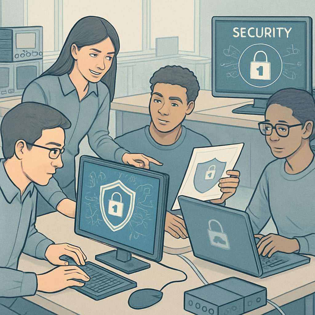 A university lab where students collaborate on a cybersecurity project using advanced digital tools. Students working on a cybersecurity project in a university lab setting.