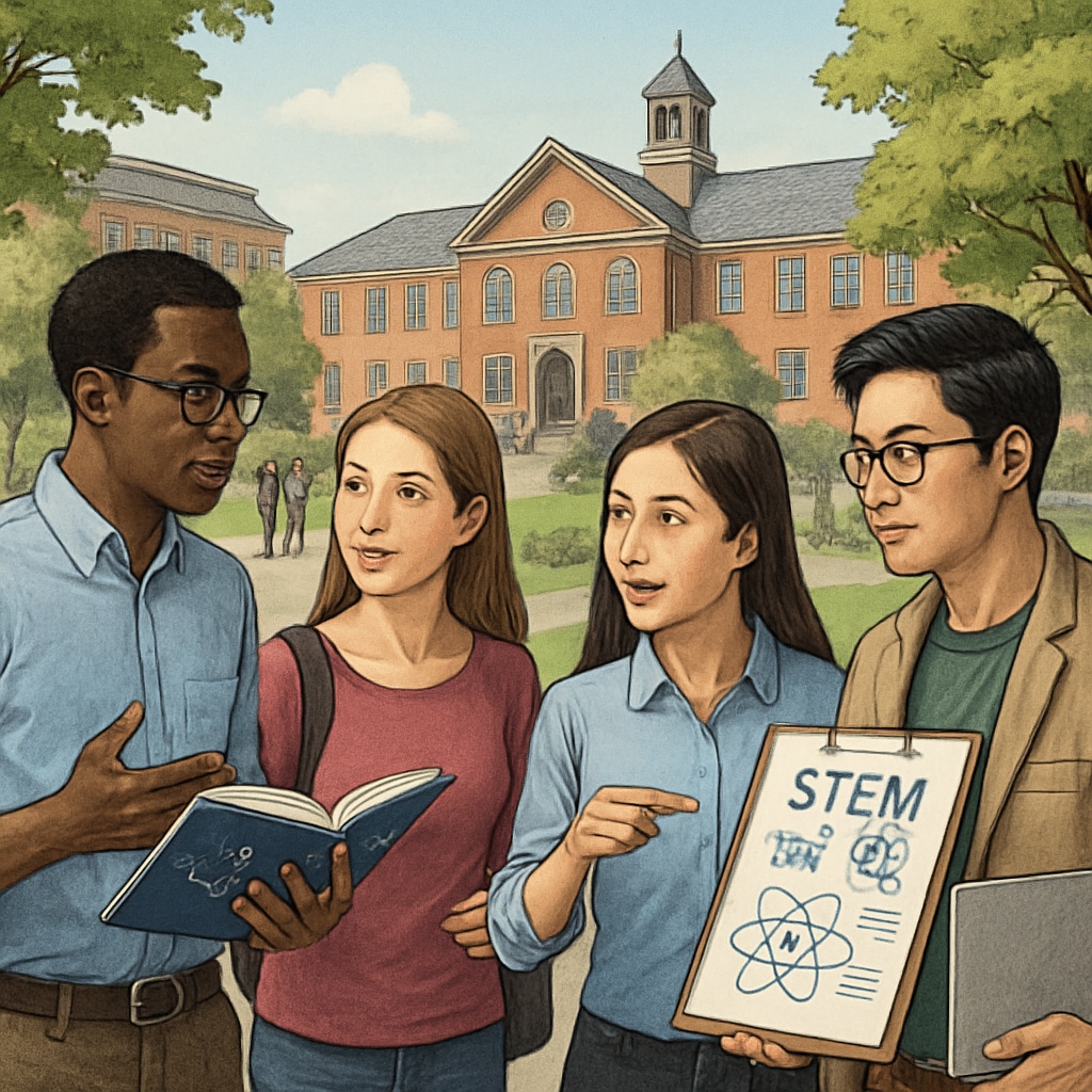 A university campus with students discussing STEM education, highlighting the interdisciplinary environment. Students exploring opportunities in STEM education through dual-degree programs.