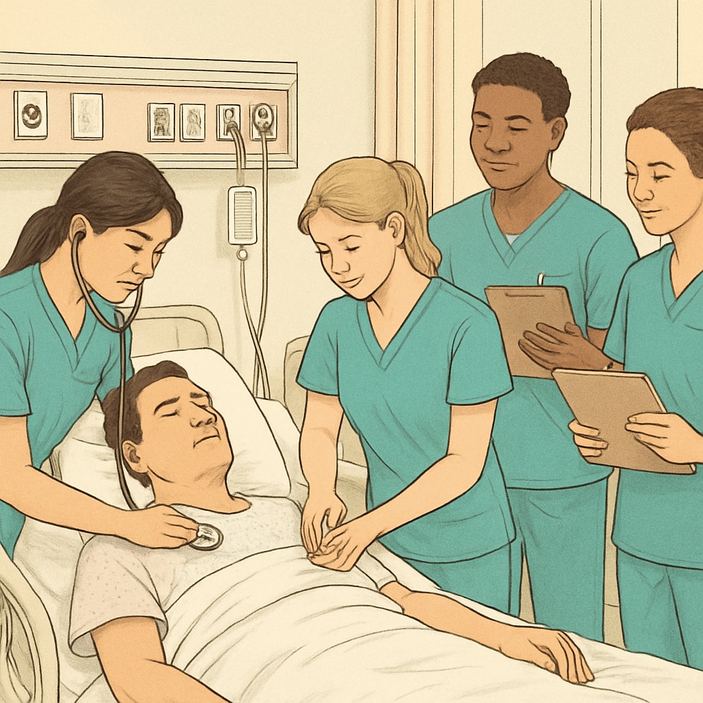 A group of nursing students engaged in clinical practice at a hospital, showing the significance of hands-on learning in nursing education. Nursing students practicing clinical skills at a hospital.