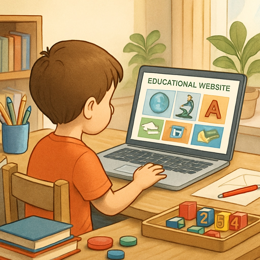 A child using an early education website on a laptop for summer learning.
