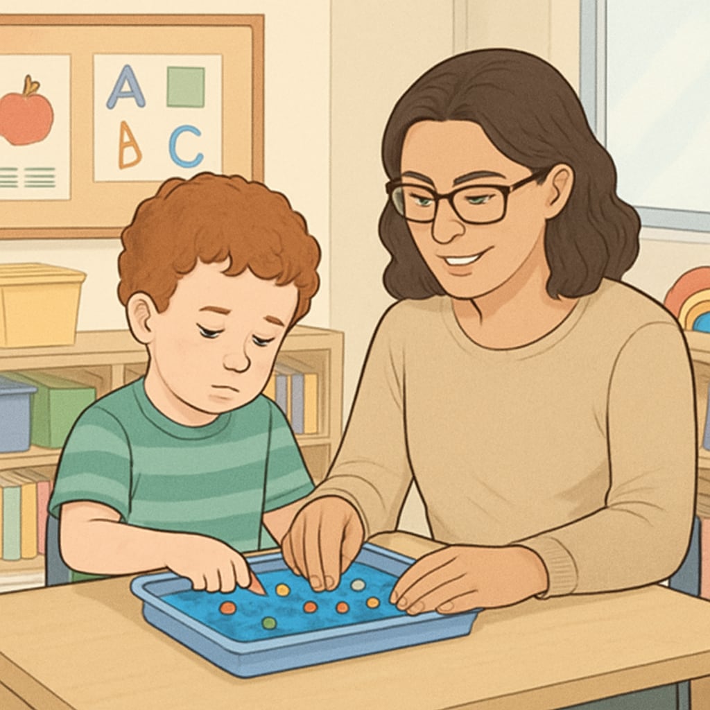 Teaching assistant working with a child on the autism spectrum in a classroom.