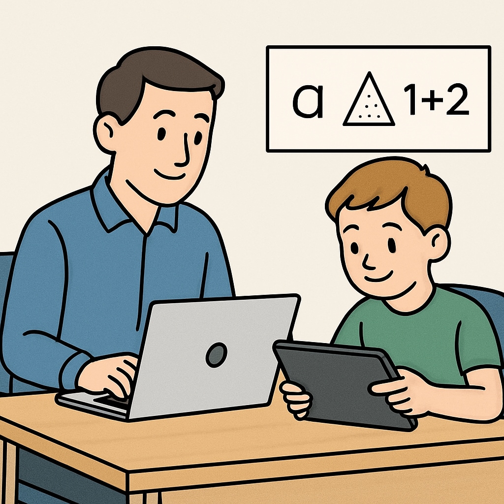 Parent and child together using online learning tools for early education.