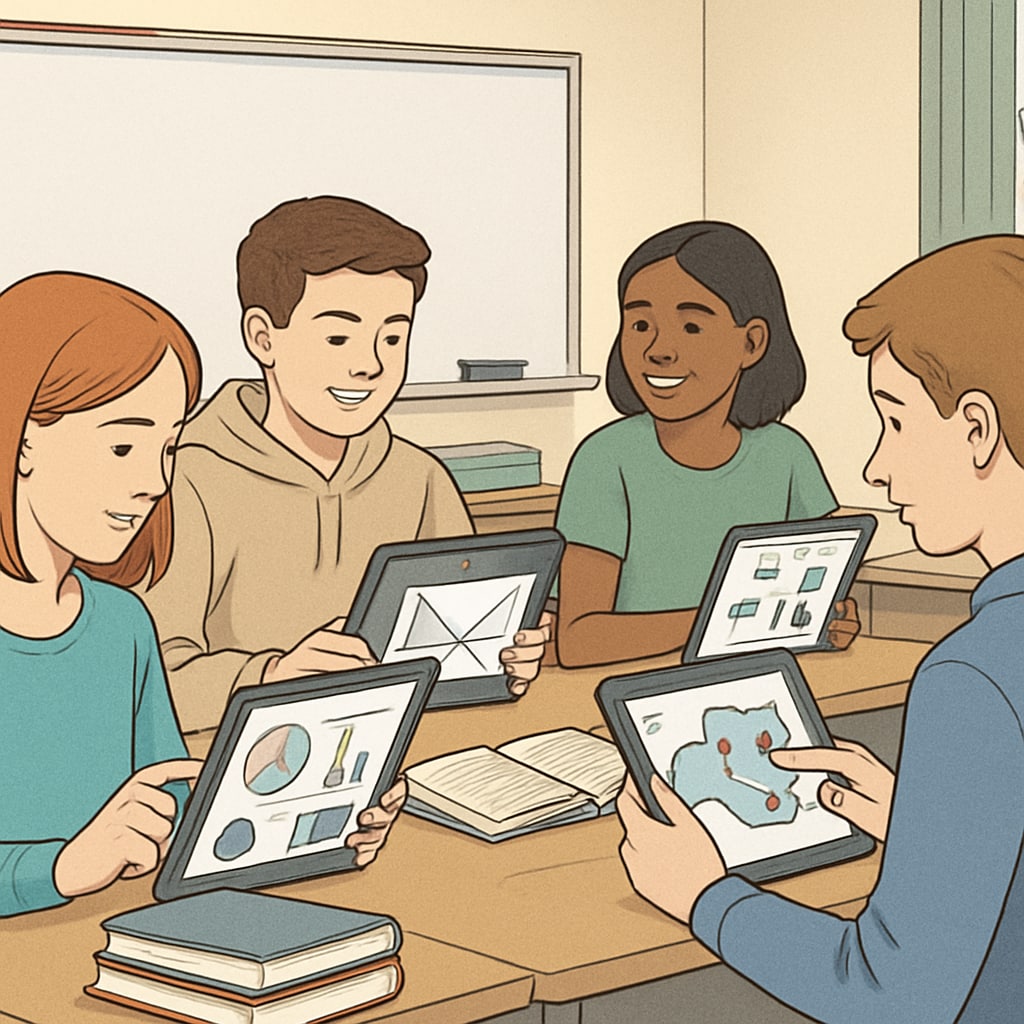 A group of teenagers in a classroom, using tablets and interactive tools to learn. Teenagers using technology for interactive learning, focusing on academic challenges.
