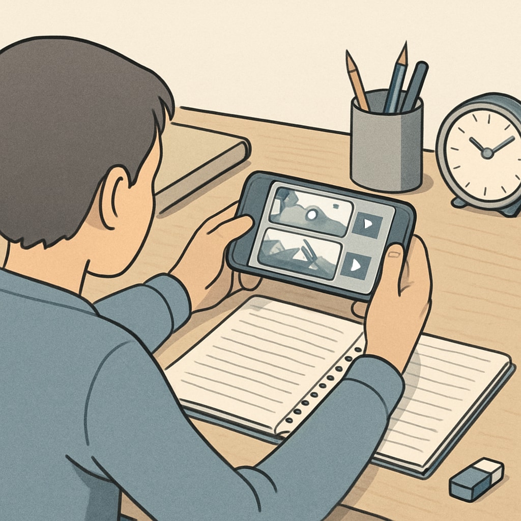 A person watching short travel videos on their smartphone, sitting at a desk with a notebook. Individual watching short videos about tourism destinations, related to