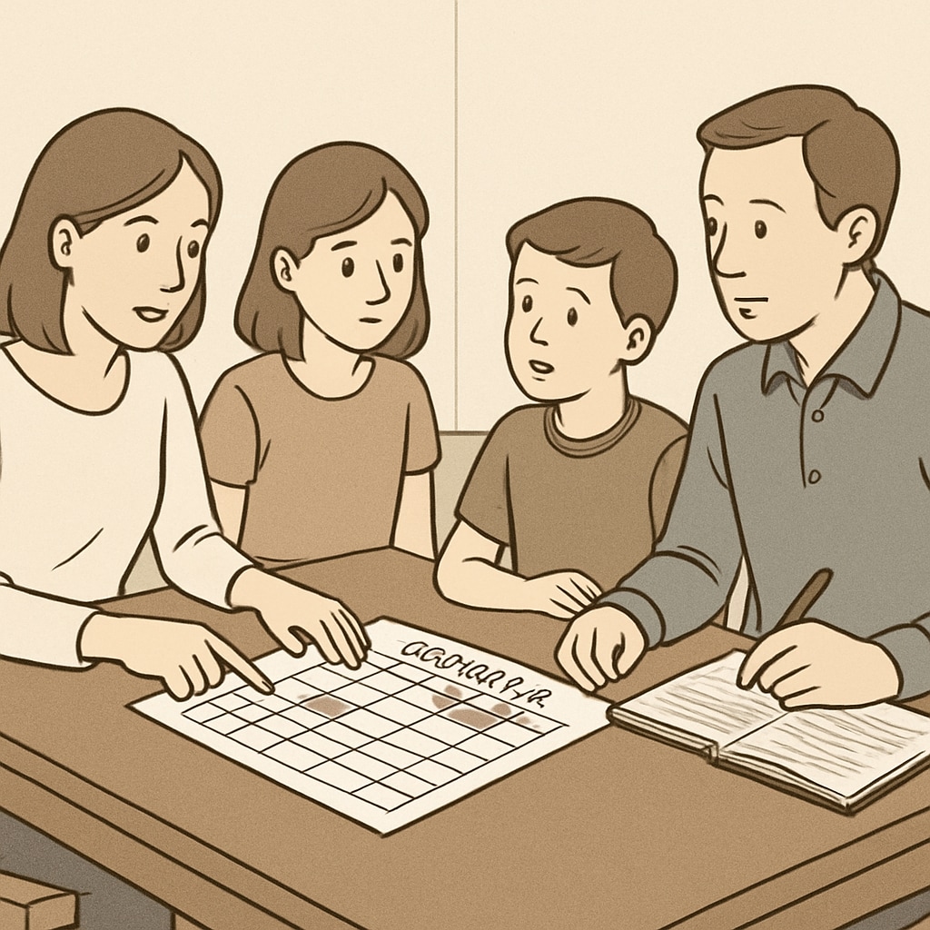 A family sitting together at the dining table, discussing and planning a daily schedule. A family creating a supportive environment for adolescent development through discussion.