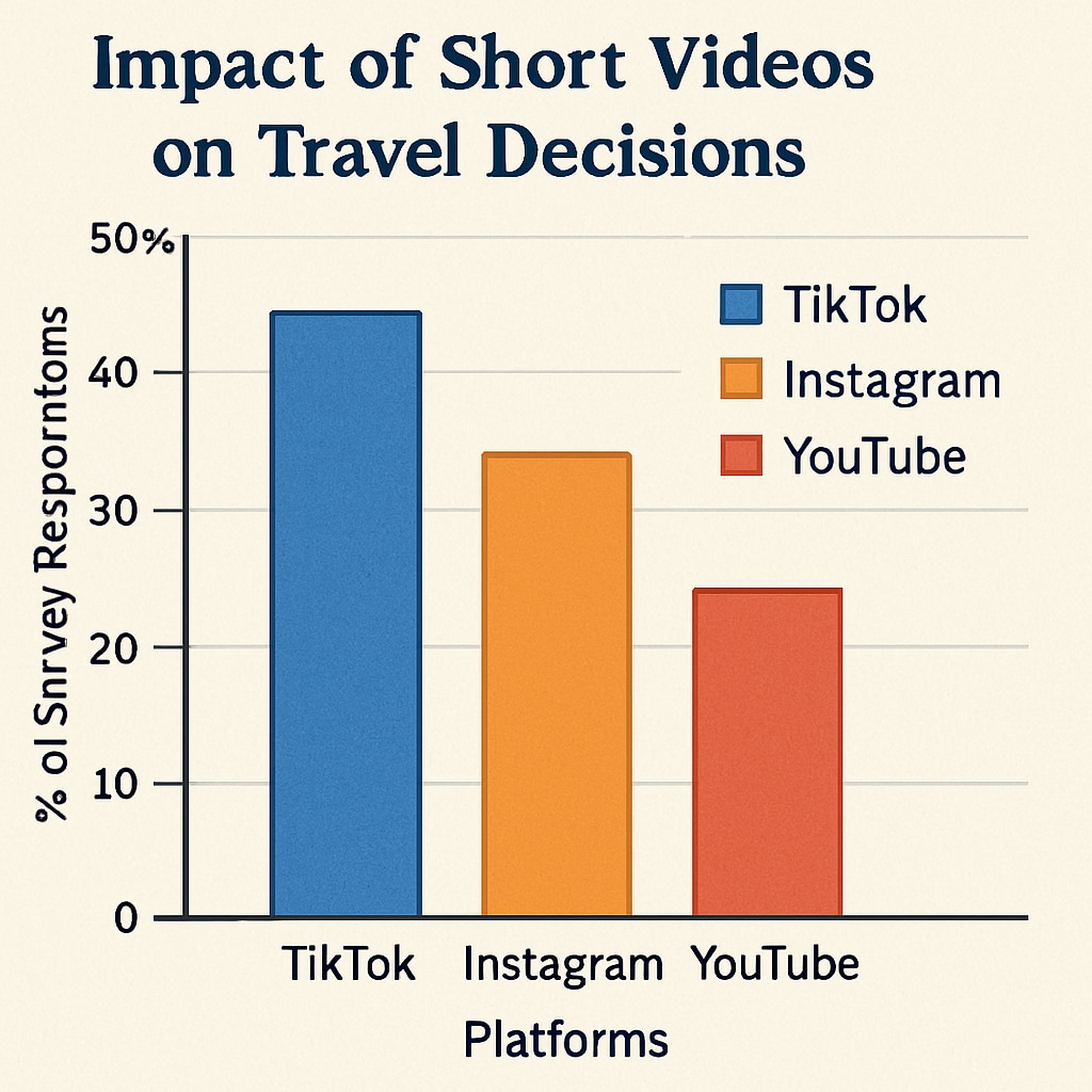 A chart showing survey results on the impact of short videos on travel decisions, with bars representing different platforms like TikTok, Instagram, and YouTube. Chart illustrating the influence of short videos on travel decisions, aligned with the master's thesis focus.