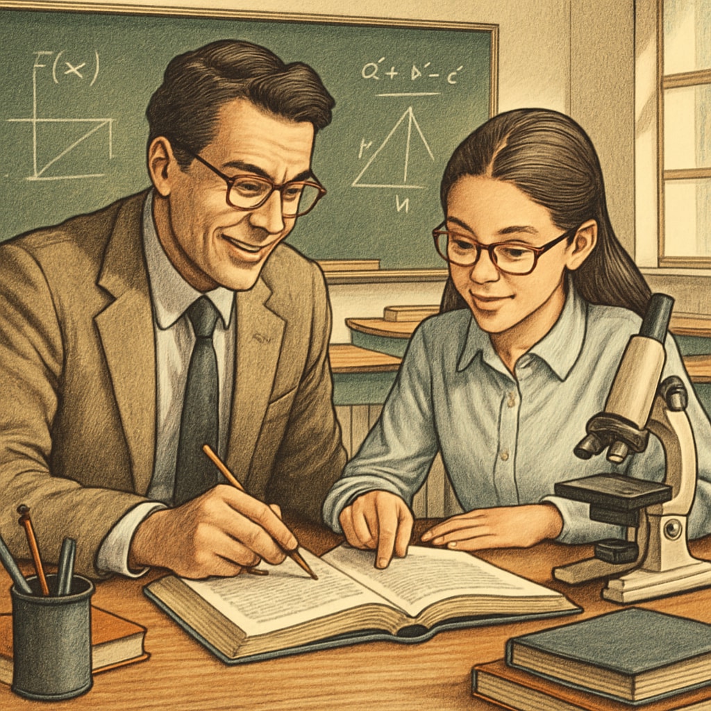 A teacher working closely with a high-achieving student on an advanced project in a classroom setting. High-achieving student receiving personalized academic support in a classroom.