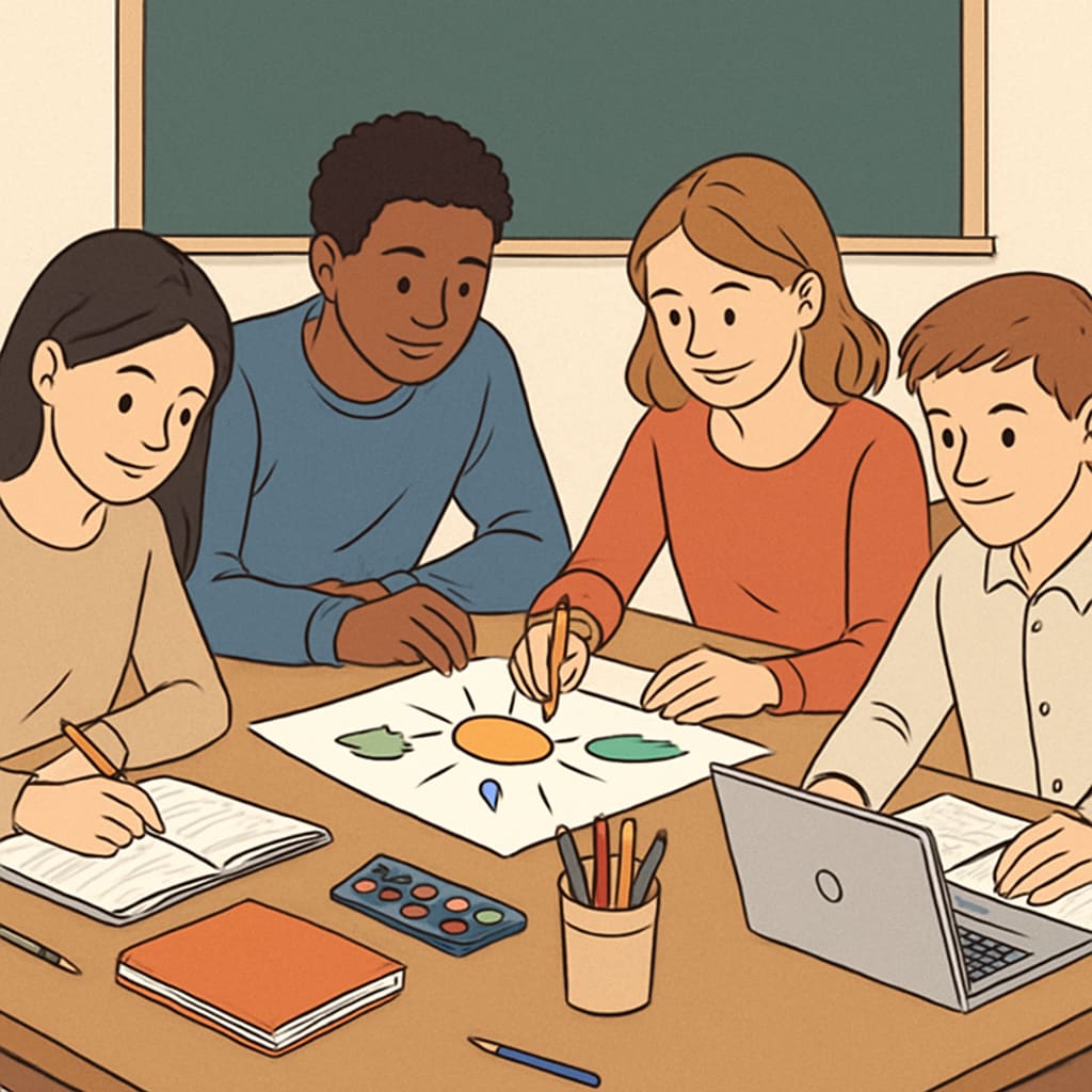 A group of high-achieving students collaborating on a creative project outside of the classroom. High-achieving students engaging in teamwork and creative problem-solving.