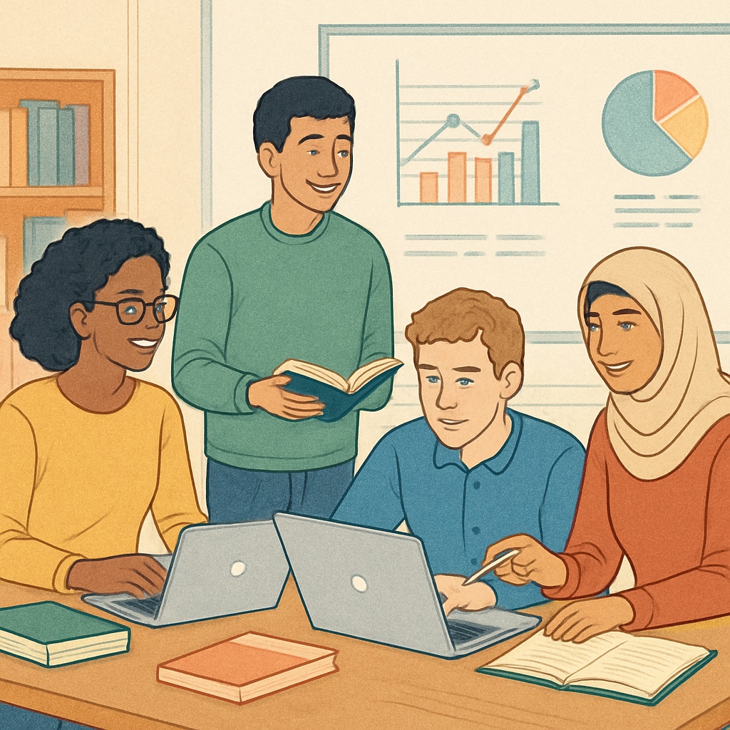 International students working on a data science project at a US university.