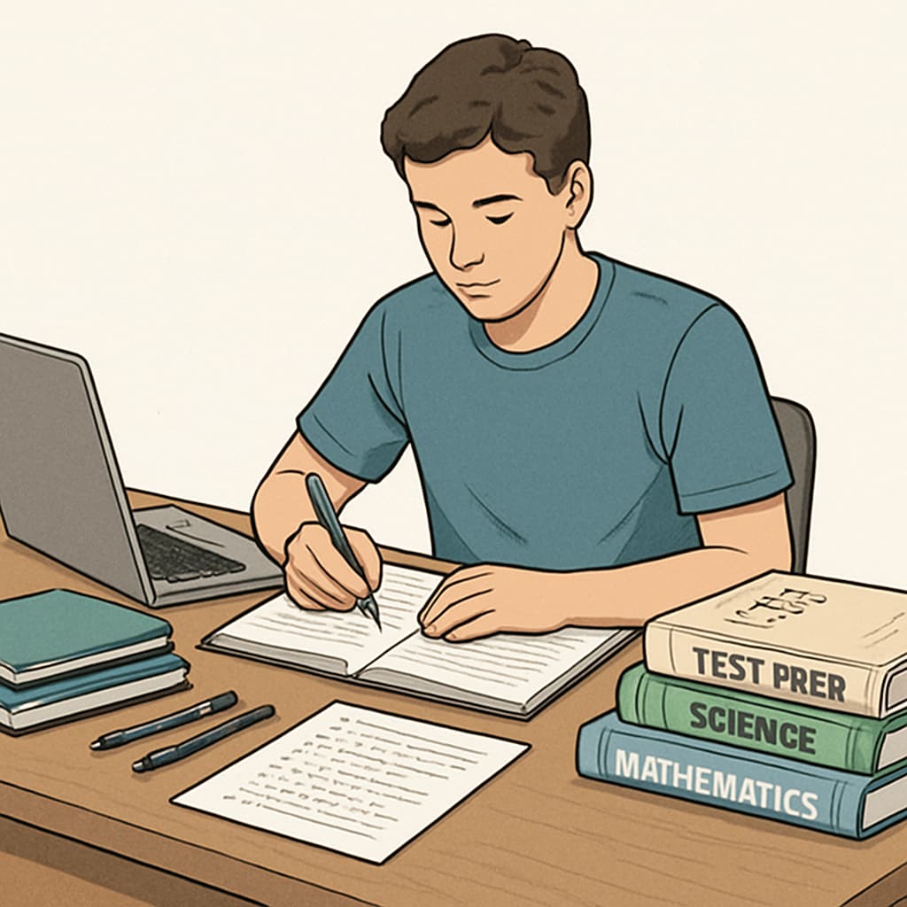 A high school student studying for standardized tests with textbooks and a laptop on a desk. High school student preparing for standardized tests with educational resources.