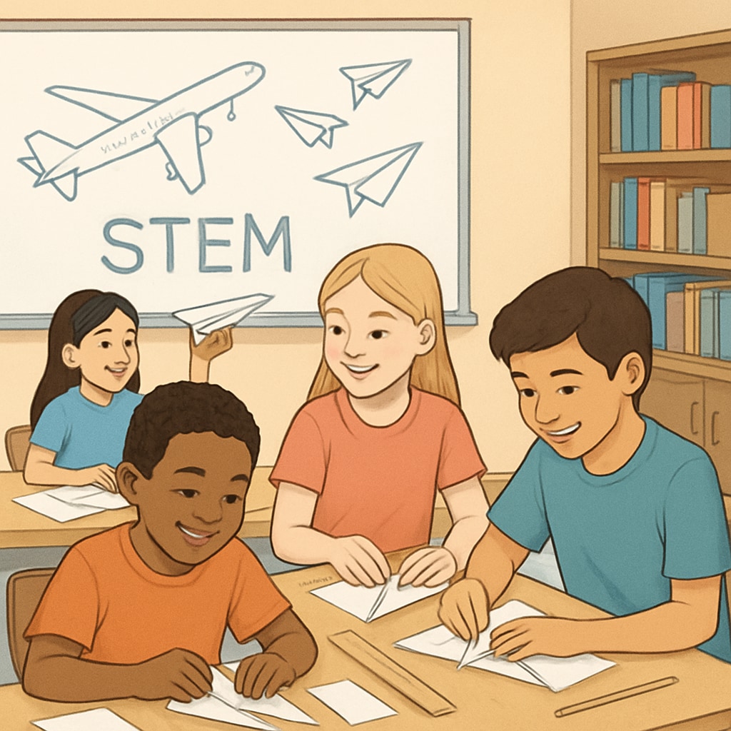 A classroom setting where students are engaged in building paper airplanes as part of an aviation-related STEM activity. Students learning about flight mechanics in a STEM aviation activity.