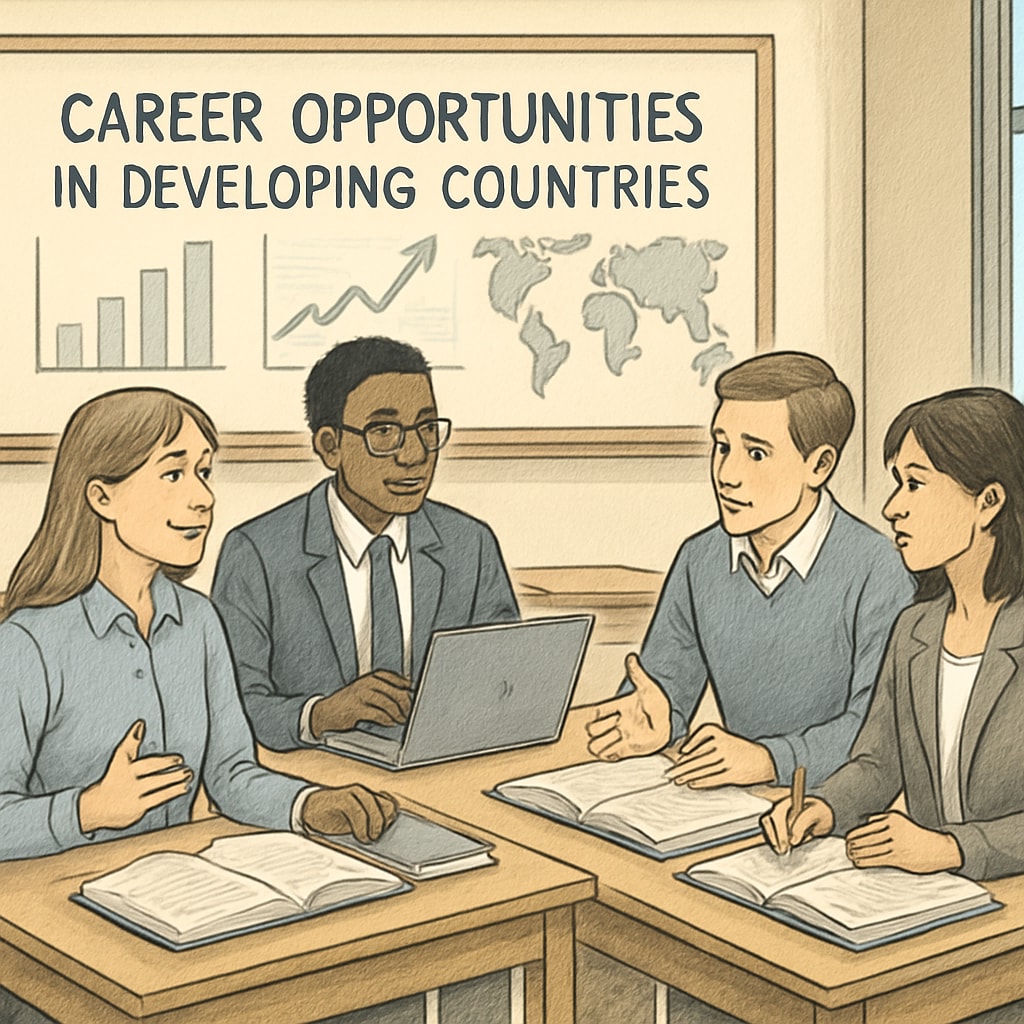 A group of financial students in a classroom setting discussing career opportunities in developing countries. Financial students discussing career development and education in developing countries.