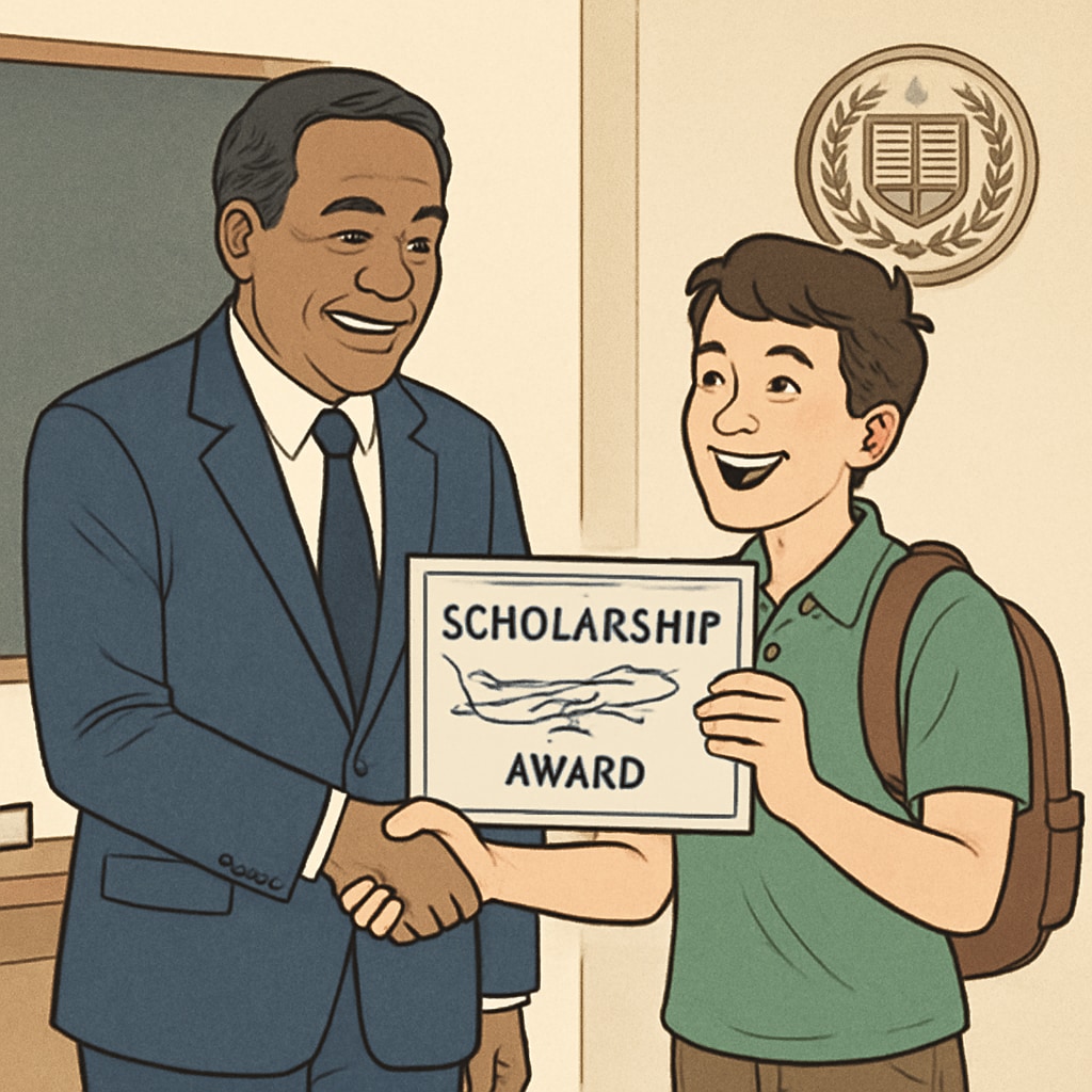 A young student receiving a scholarship award from a school principal, symbolizing financial support for aviation training. Scholarship presentation to support aviation education and training.