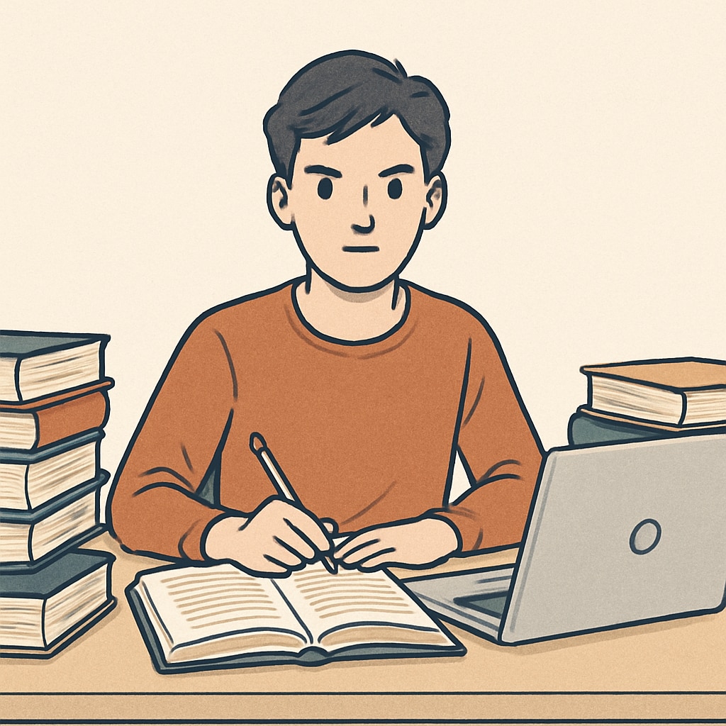 A young person sitting at a desk, surrounded by books and a laptop, symbolizing determination to restart education. UK youth returning to education after an academic interruption.
