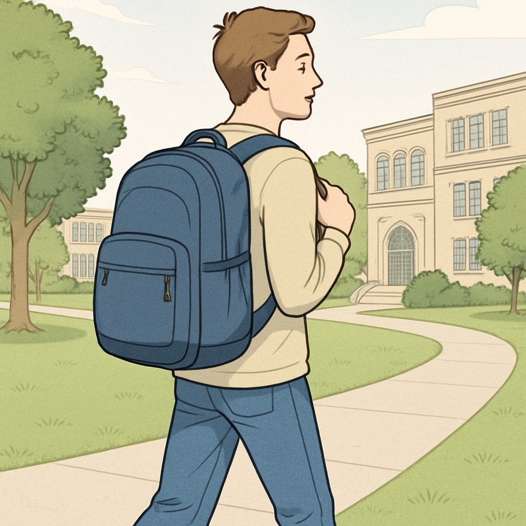 A university student walking on campus with a backpack that appears spacious and comfortable. Spacious and comfortable university backpack for student use