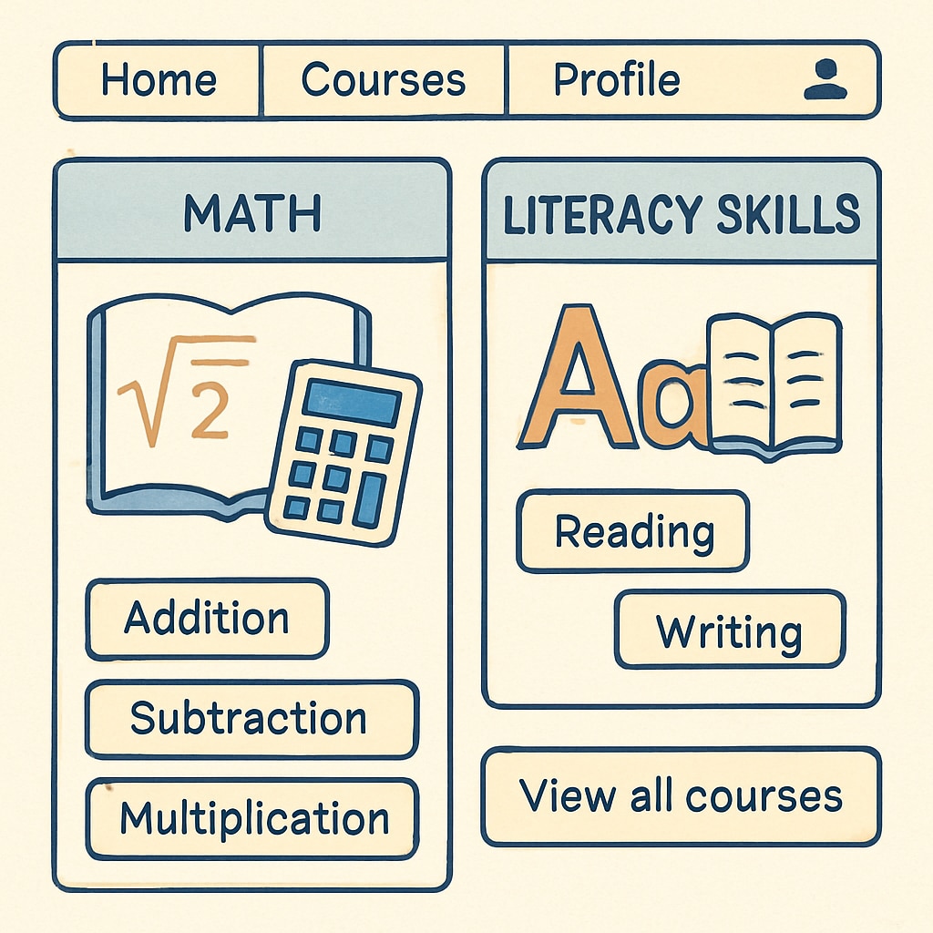 Screenshot of an educational platform interface showing course options for math and literacy skills. Online educational platform interface focused on basic skills, including math and literacy topics.