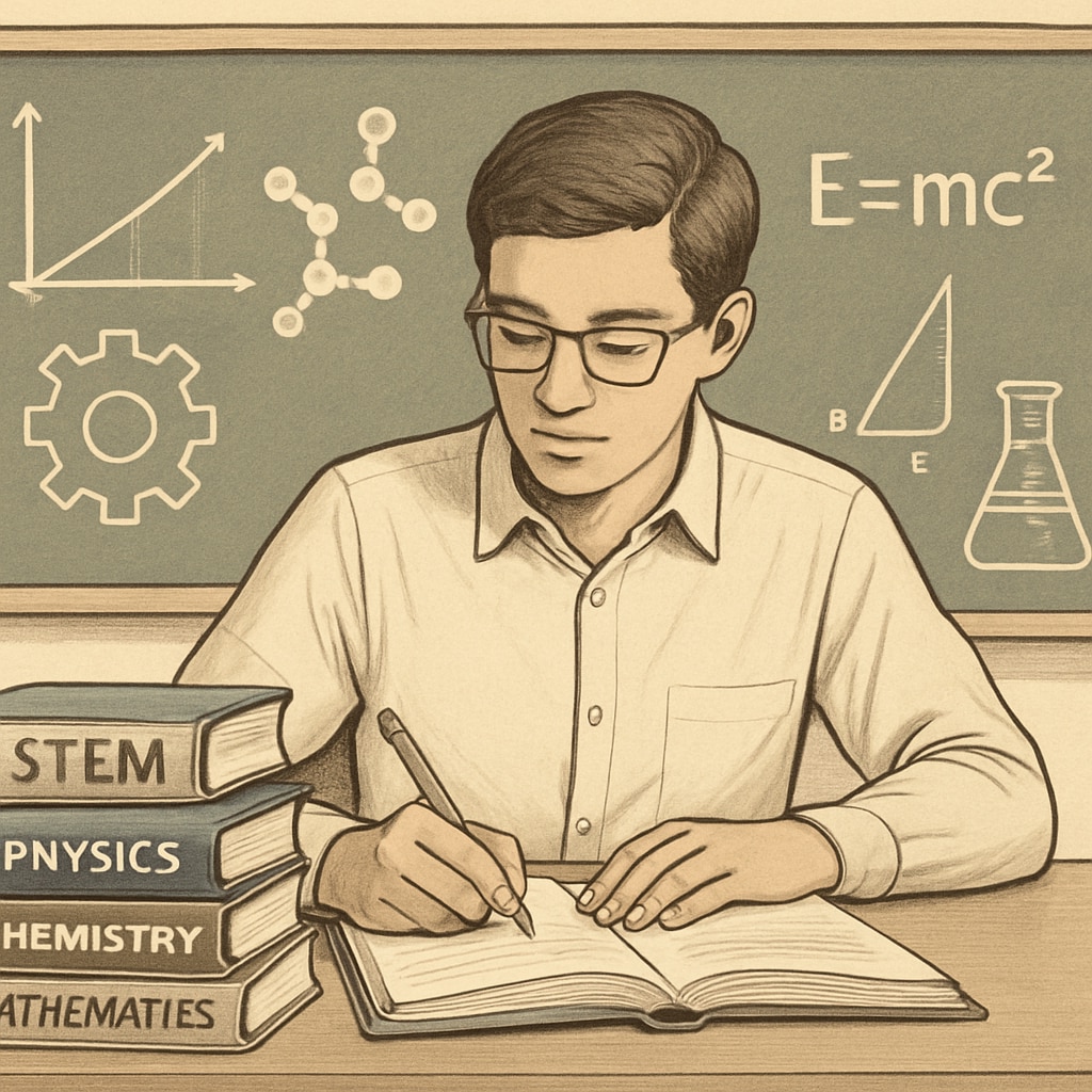 A university student studying STEM concepts while reviewing educational theory books. Student balancing STEM and education coursework for dual degrees in education and engineering.
