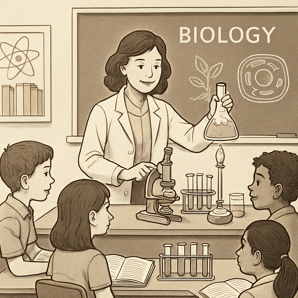 A teacher conducting a biology experiment in a classroom, demonstrating STEM concepts to students. Biology teacher demonstrating a STEM experiment in a classroom.