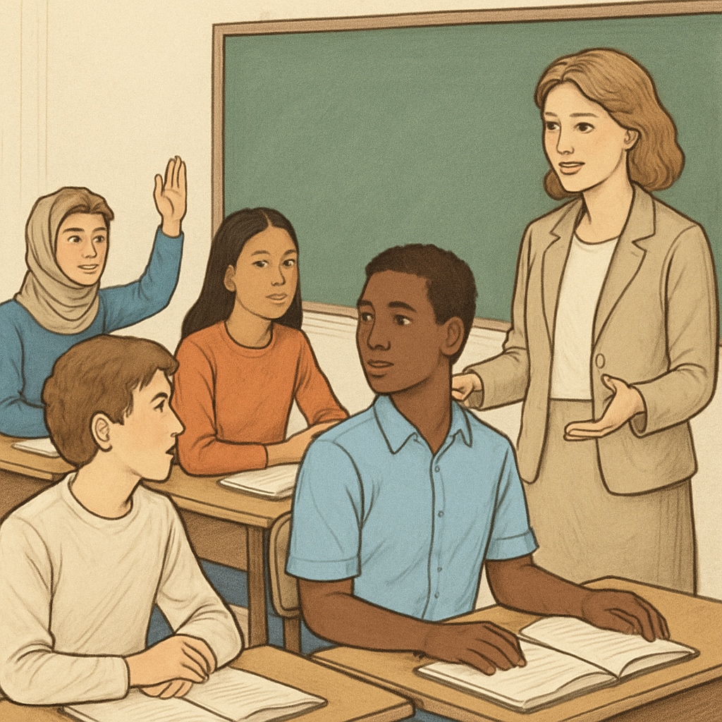 A group discussion in a classroom, symbolizing diversity and inclusion efforts in education. Students and a teacher discussing diversity and inclusion in a classroom setting.