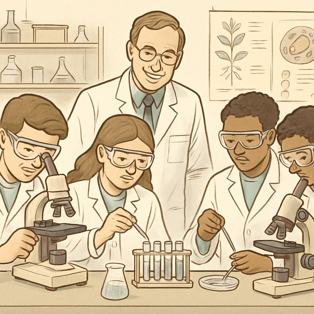 A group of high school students performing a biology laboratory experiment under the guidance of a teacher. High school students conducting a biology experiment under teacher supervision.