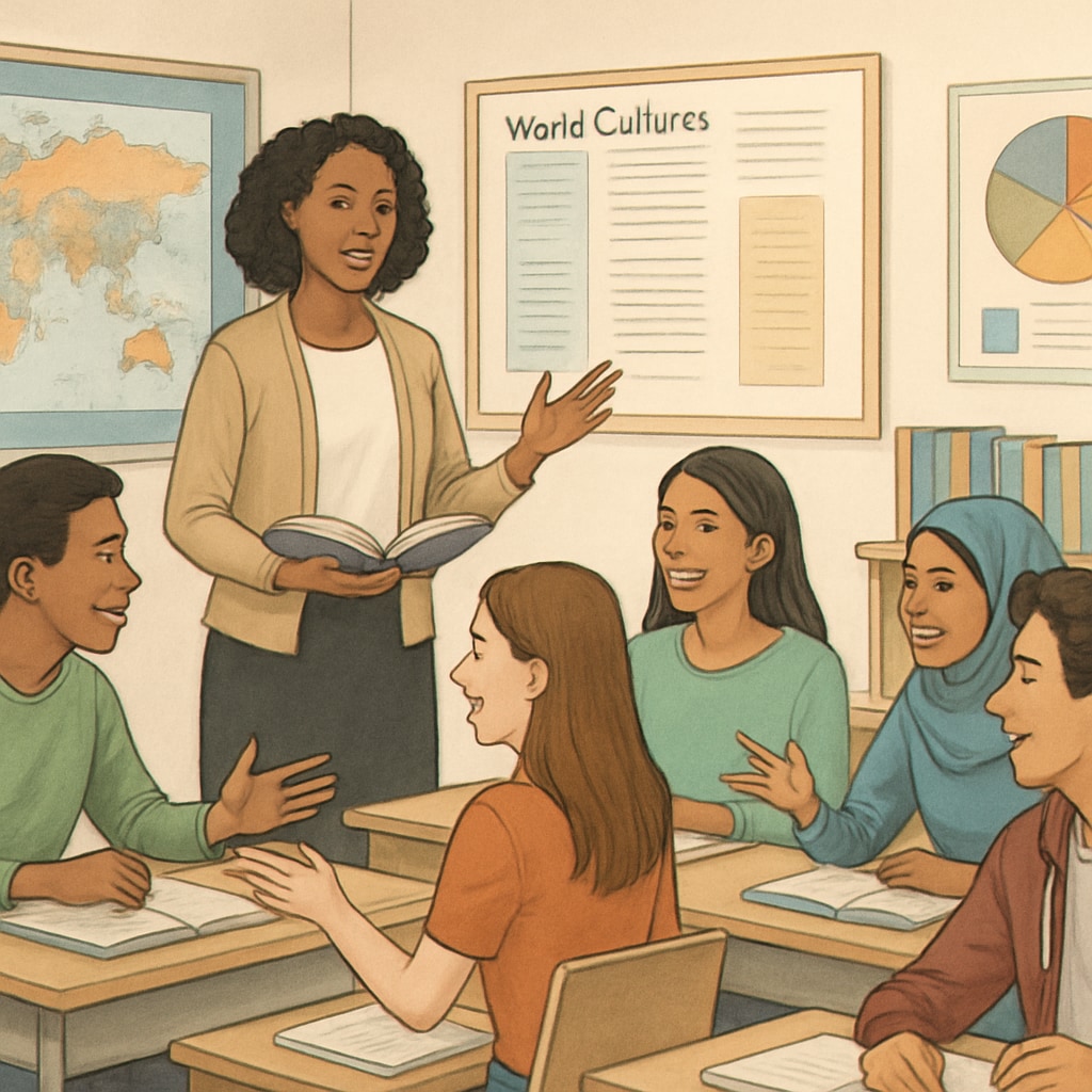 A teacher leading a multicultural lesson in a high school classroom. A teacher engaging students in a multicultural lesson in a high school.