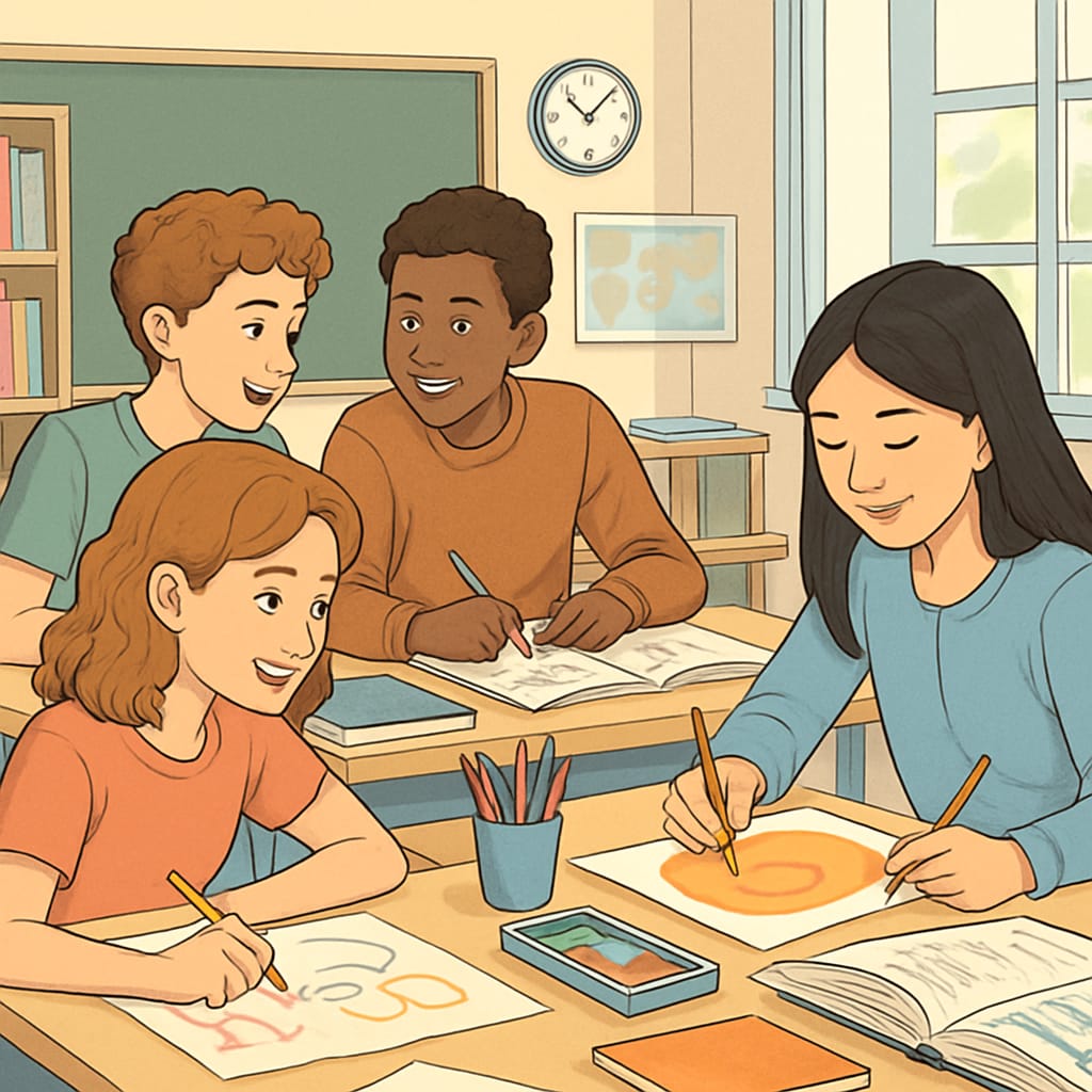 A group of teenagers engaged in a creative classroom activity, representing interest-based learning. Teens participating in a creative educational activity, symbolizing interest-based learning.