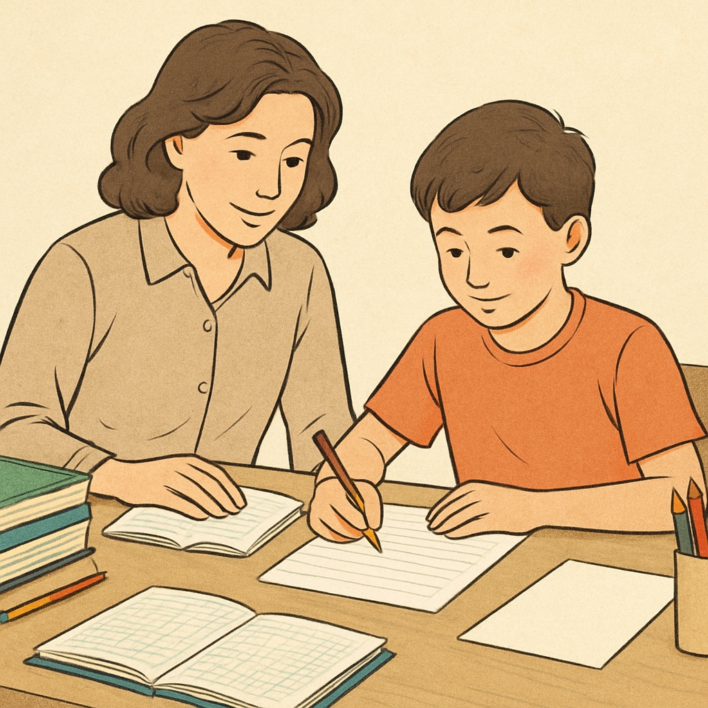A parent and child working together on a homework project, symbolizing family support in education. Parent supporting their child with homework, emphasizing family involvement.