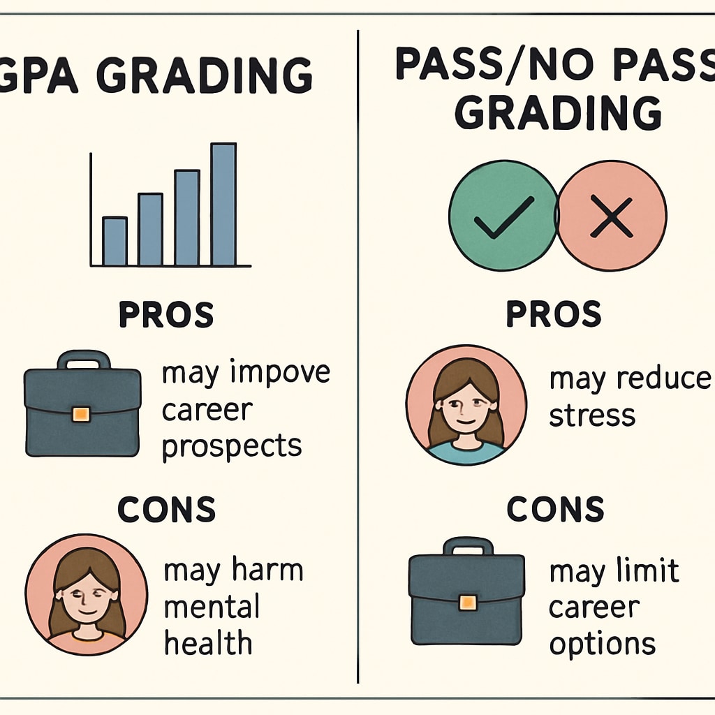A comparison graphic illustrating the pros and cons of GPA vs. P/NP grading, emphasizing their impact on mental health and career prospects. A comparison graphic showing the impact of GPA and P/NP grading on mental health and career prospects.