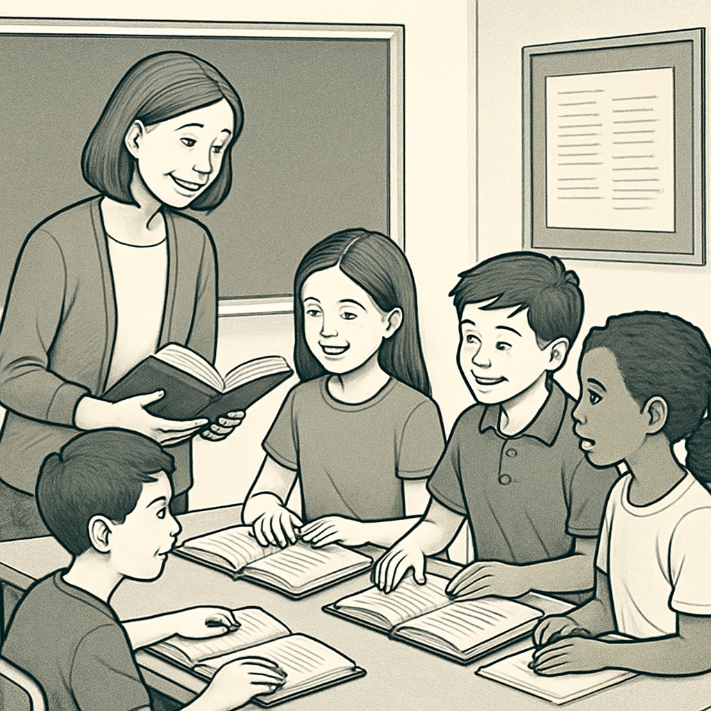 A group of students discussing a book with their teacher as part of a reading activity.