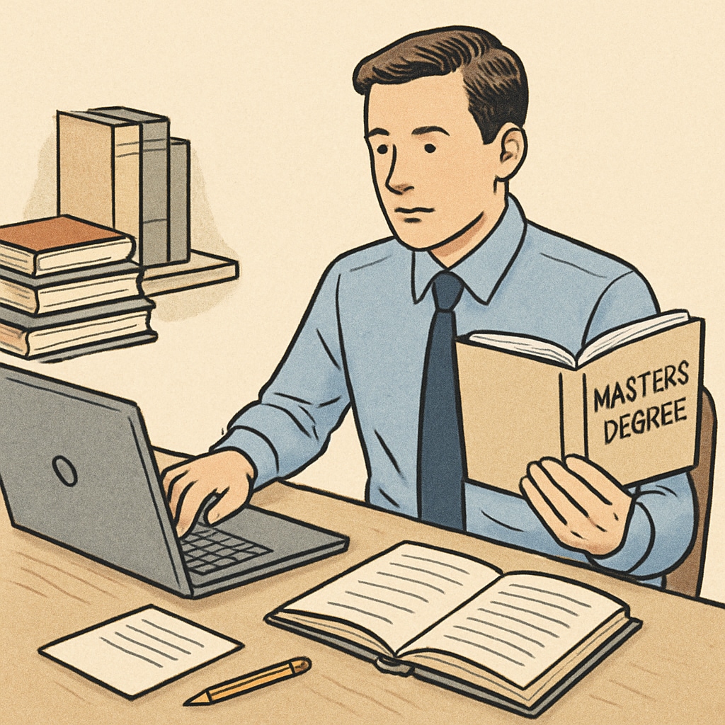 A mid-career professional studying for a master's degree while managing work responsibilities. Mid-career professional balancing a master’s degree, career growth, and time management.