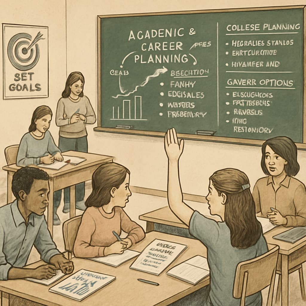 A classroom setting where students are engaged in a workshop about academic and career planning. Students in a classroom workshop discussing academic and career planning.