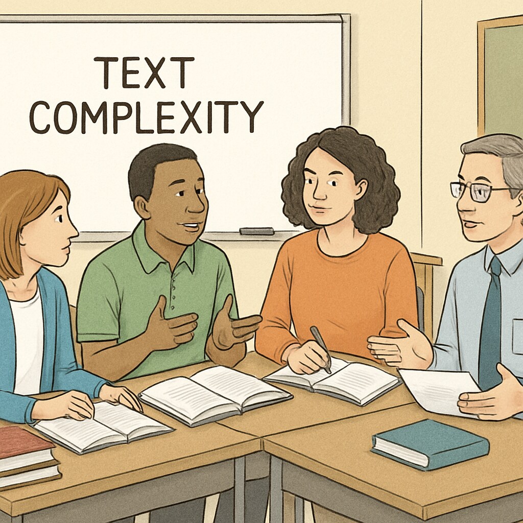 A group of teachers collaboratively discussing text complexity in a classroom setting. Teachers discussing text complexity for a study on reading comprehension, teacher volunteers, and text complexity.