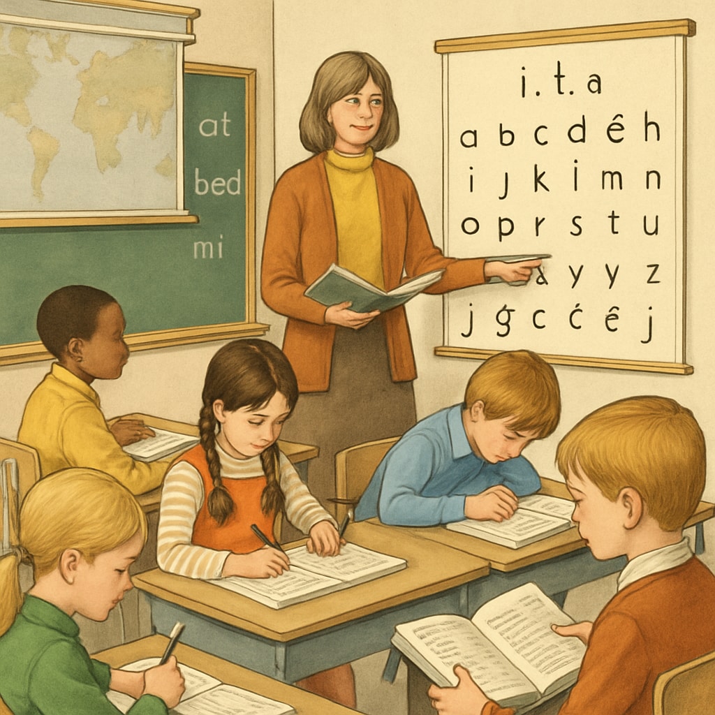 A classroom scene from the 1970s showing children learning using the Initial Teaching Alphabet. Children in the 1970s learning with the Initial Teaching Alphabet.