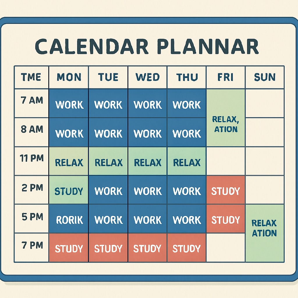 A well-organized calendar showing balanced time blocks for work, study, and relaxation. Organized calendar demonstrating effective time management for a master’s degree pursuit.