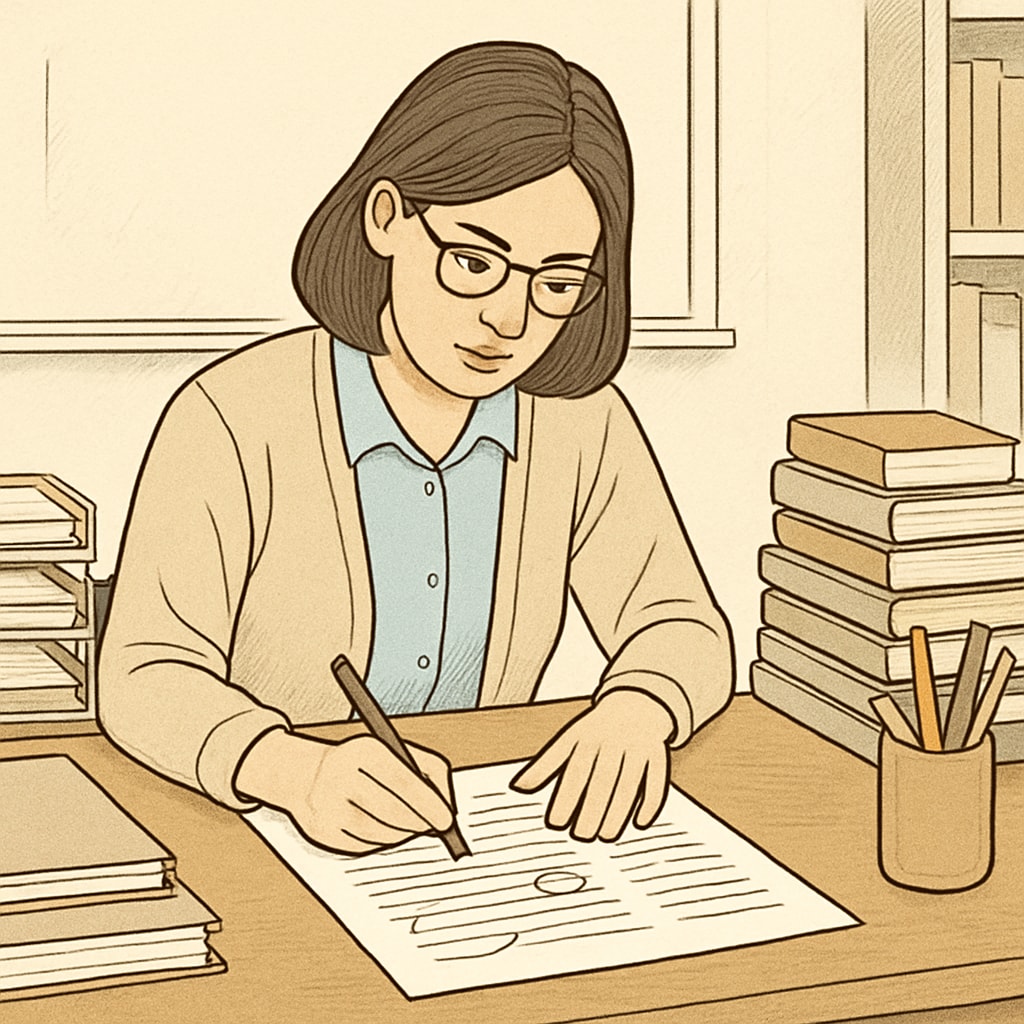 A teacher reading and annotating a piece of K12 educational text at their desk. Teacher evaluating a K12 text for a study on reading comprehension and text complexity.