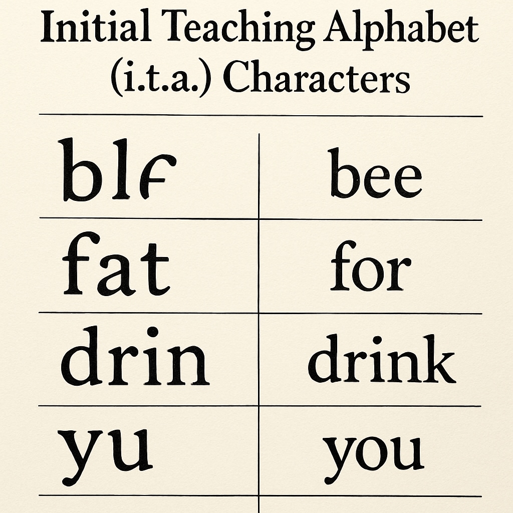 A close-up of a page featuring Initial Teaching Alphabet characters, alongside standard English text for comparison. A page showing Initial Teaching Alphabet characters with standard English text.