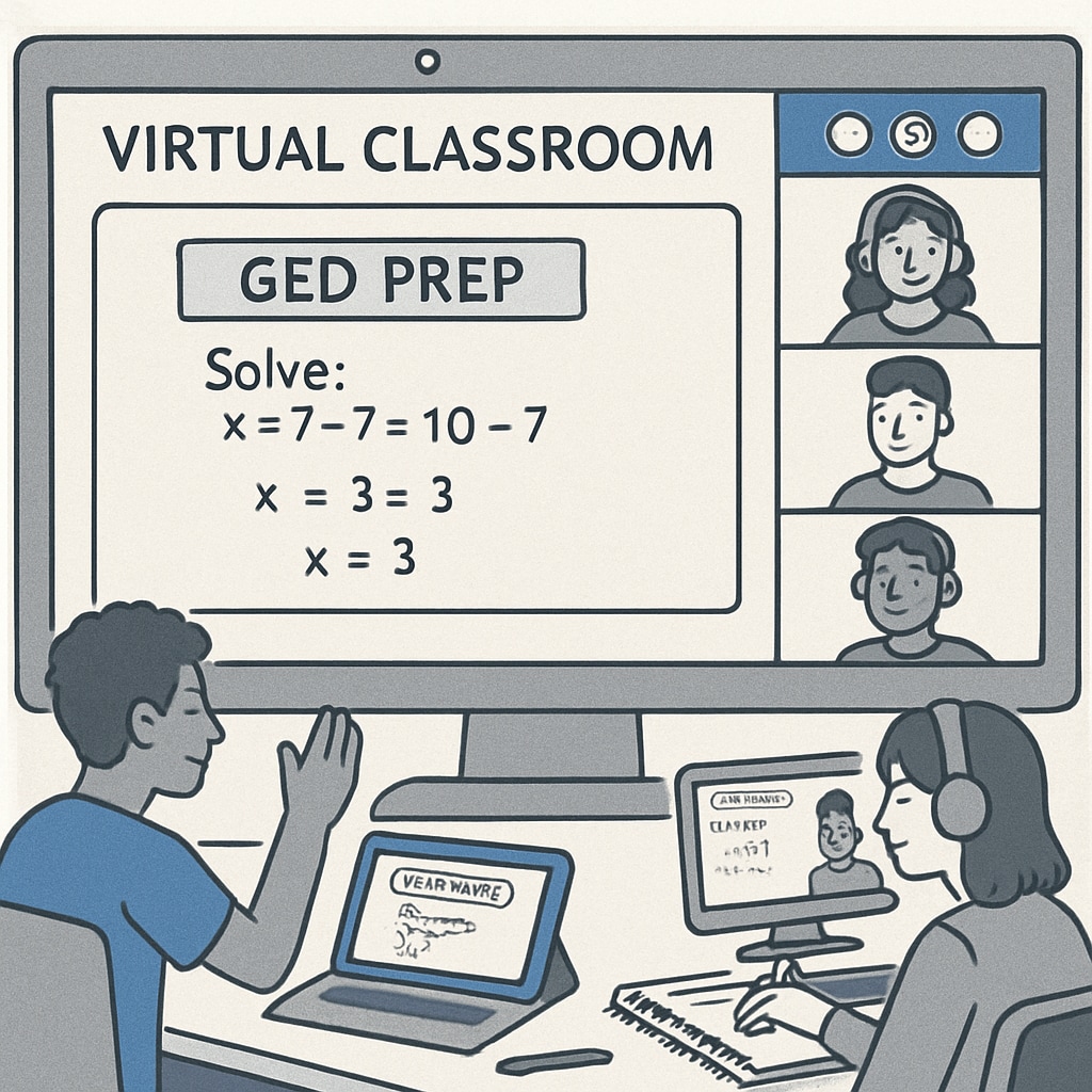 A virtual classroom interface showing an interactive GED prep lesson with students participating online. Online GED class with students engaging in a virtual learning environment.