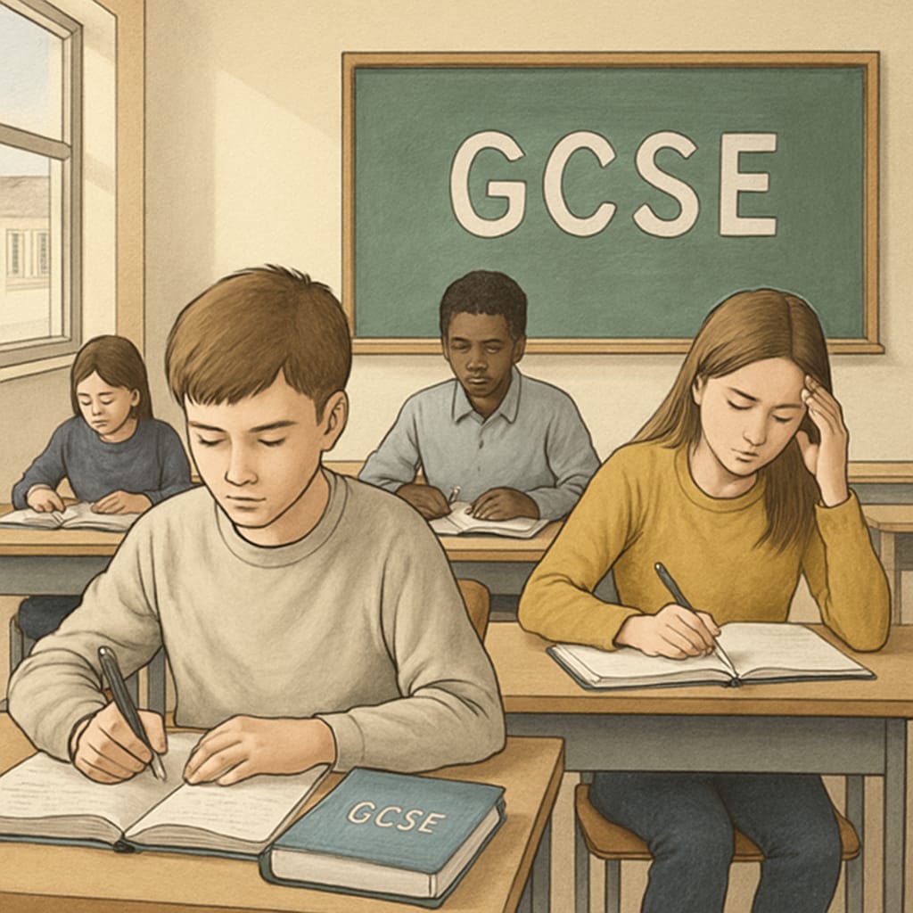 A classroom setting with students preparing for exams, illustrating the pressure of GCSE assessments. Students preparing for GCSE exams in a classroom setting.