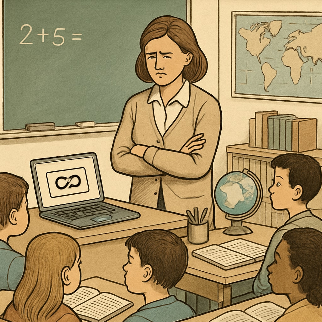 A teacher struggling with restricted educational platforms in a classroom setting. A teacher facing challenges accessing educational websites due to age verification laws.