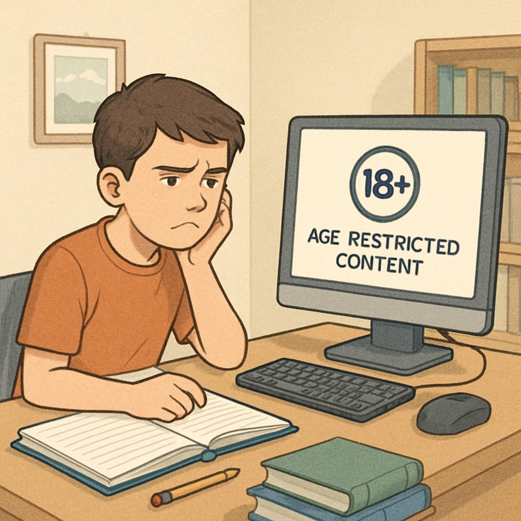 A student struggling to access online learning materials at home due to age-restricted content. A student encountering barriers to online educational content because of internet age verification laws.
