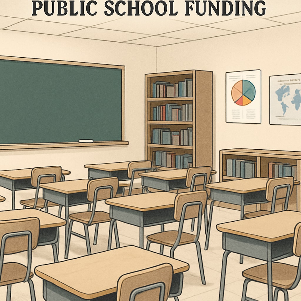 A classroom with empty desks representing funding challenges faced by public schools due to education vouchers. Empty classroom showing the impact of education voucher programs on public school funding.