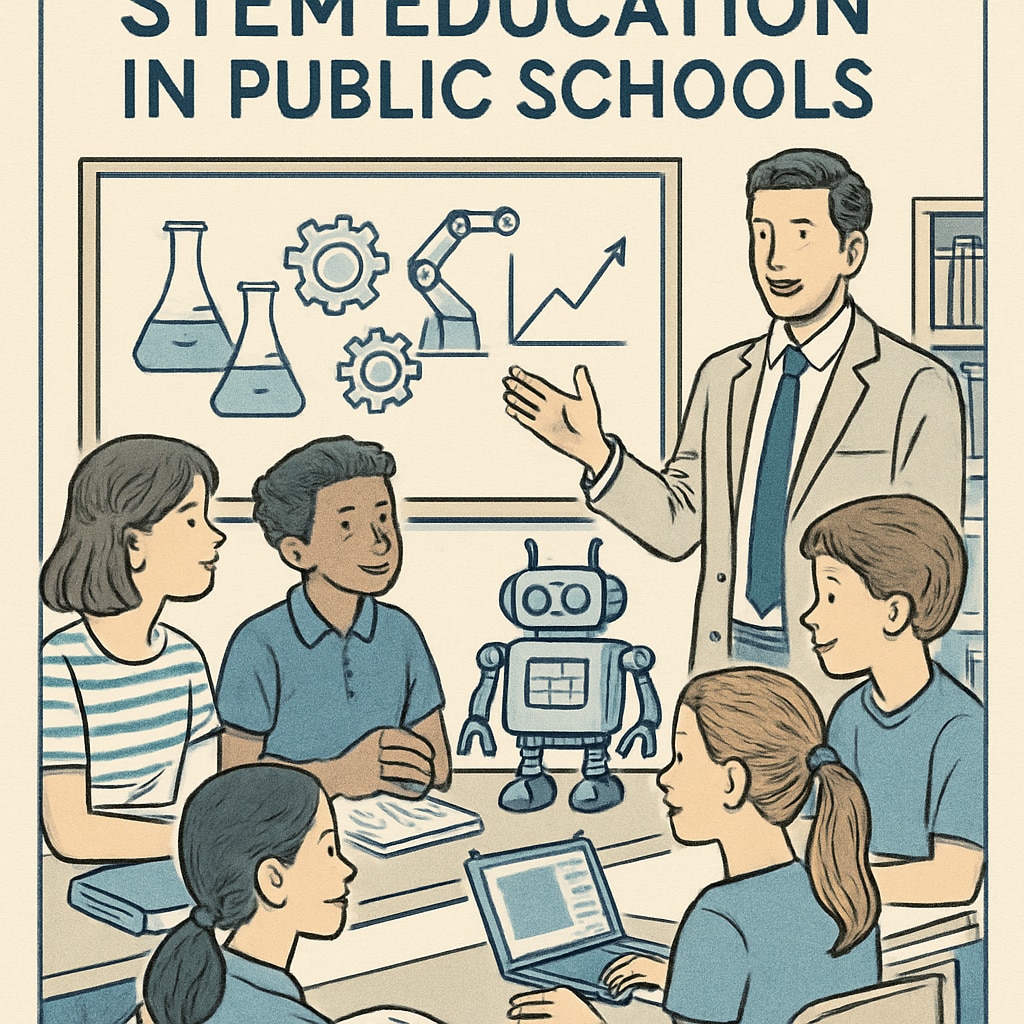 A teacher engaging students in a STEM-focused classroom, demonstrating innovative programs in public schools. STEM-focused lesson in a public school classroom showcasing innovative education strategies.