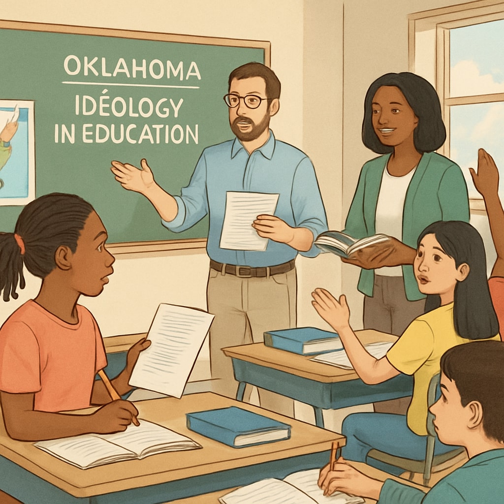 A classroom setting in Oklahoma with diverse students and teachers engaged in learning, symbolizing the debate over ideological testing in education. Diverse classroom setting in Oklahoma discussing political ideology in education.