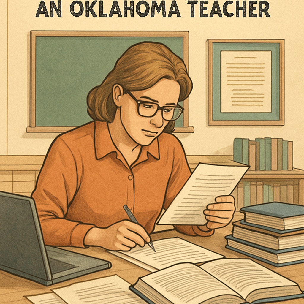 An Oklahoma teacher reviewing materials under state policy guidelines, illustrating the intersection of teaching practices and political mandates. Teacher reviewing educational materials in Oklahoma under political guidelines.