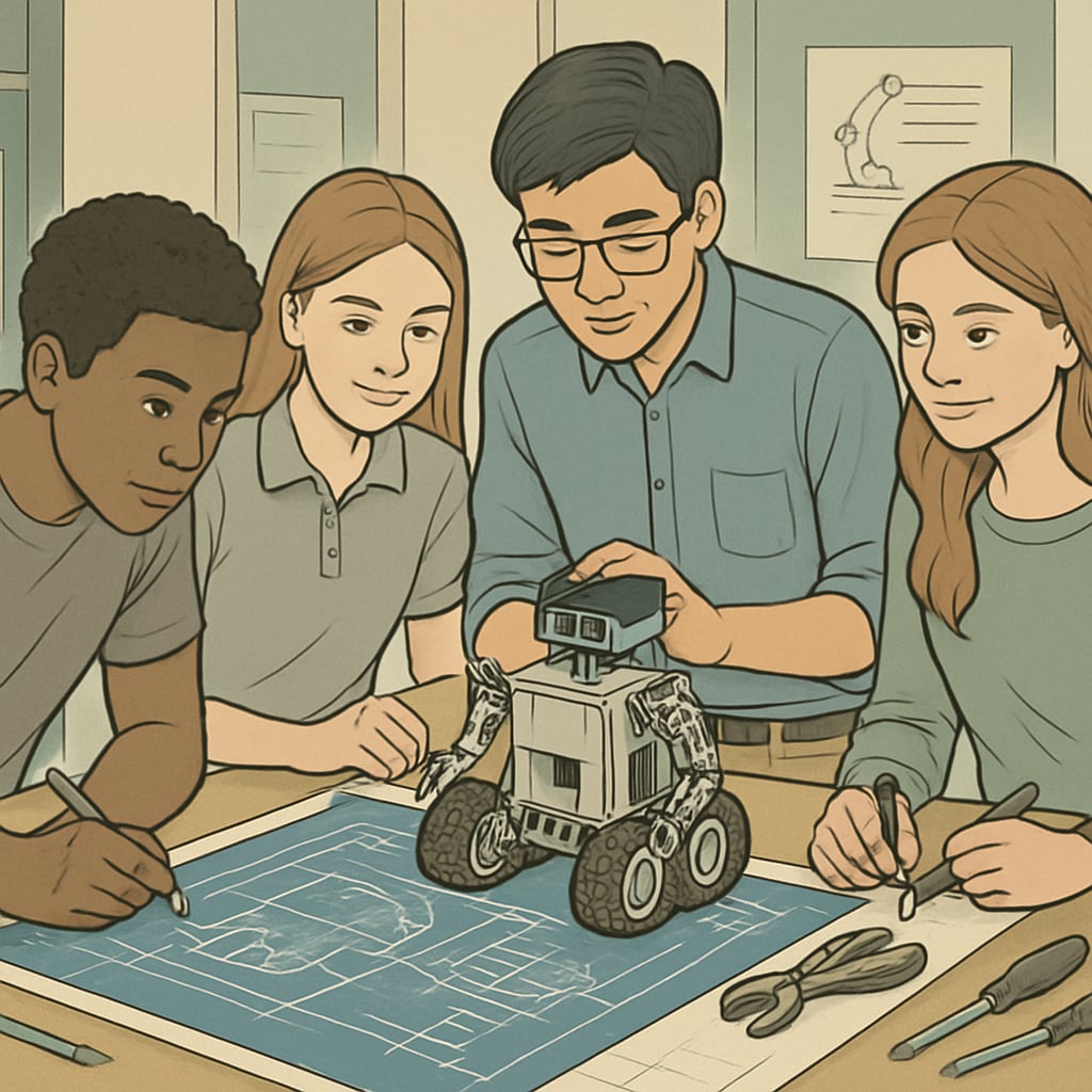 A robotics team of high school students collaborating on a design project. High school students working on a robotics project, showcasing teamwork and engineering skills.