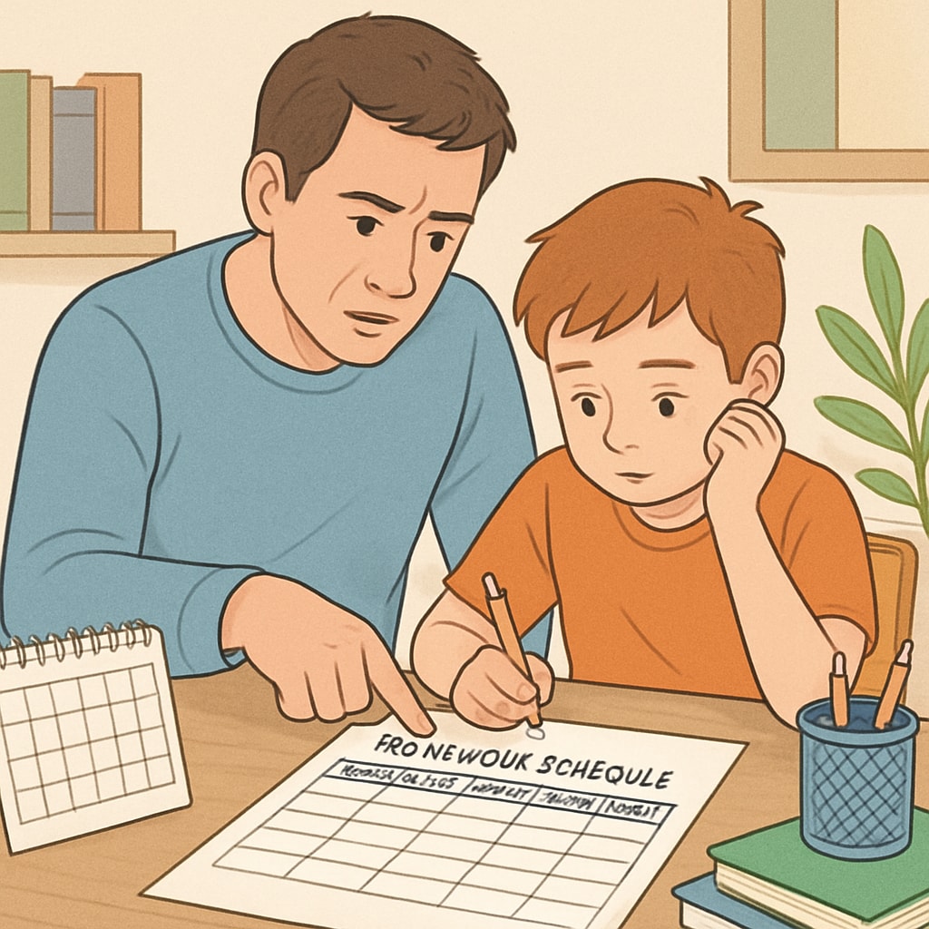 A parent helping their child with ADHD organize a homework schedule at a desk. The child looks focused, and the setting is a quiet study area. Parent supporting their child with ADHD in creating a homework schedule.