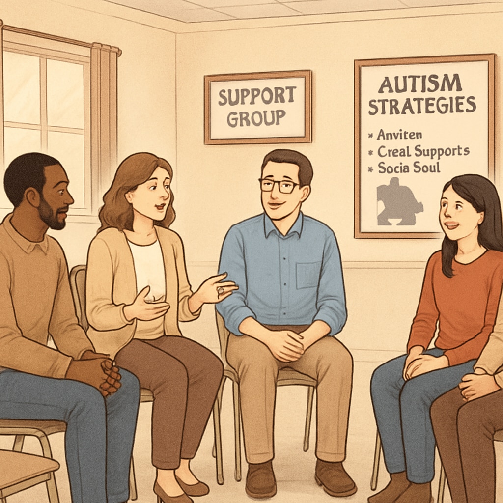 A support group of parents discussing strategies for helping children with autism thrive. The setting is a casual community hall, and participants appear engaged and supportive. Parents in a support group talking about strategies for children with autism.