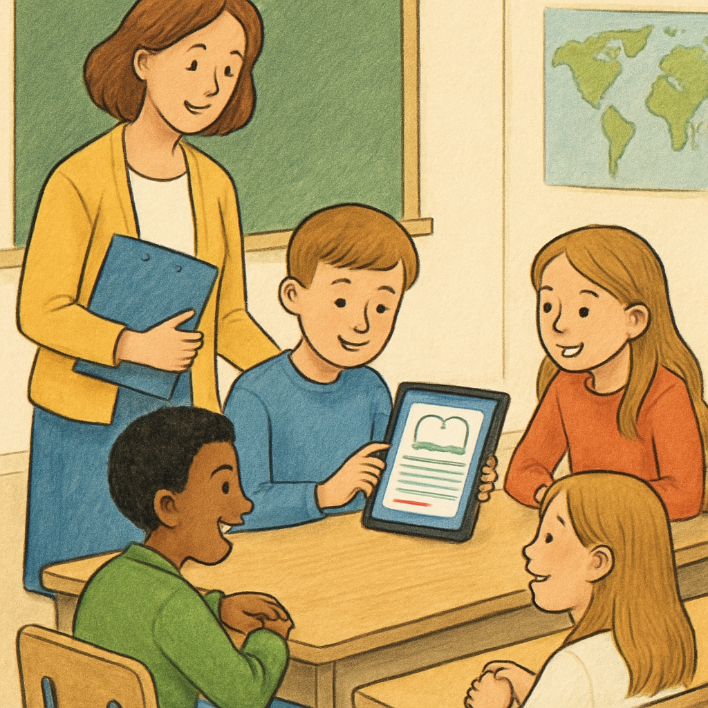 Teacher and students using a children's reading app together.