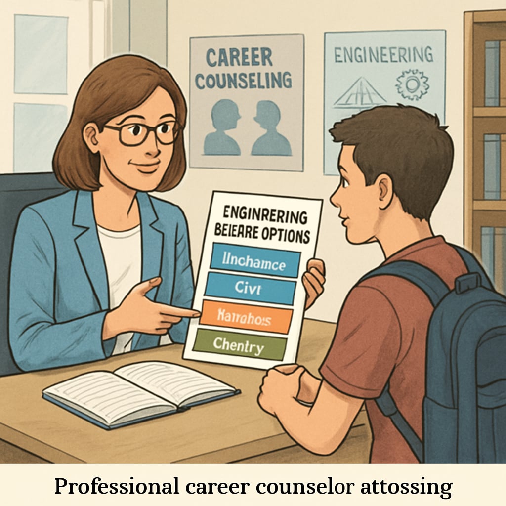 A career counselor discussing engineering degree options with a high school student. A high school student receiving career guidance about engineering degree paths.