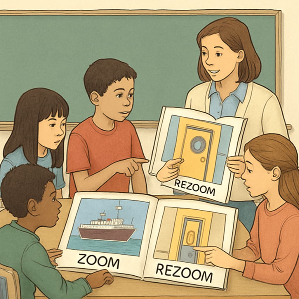 A classroom group analyzing Zoom and ReZoom books, exploring visual clues together. Students collaborating on Zoom and ReZoom activities, discovering answers.